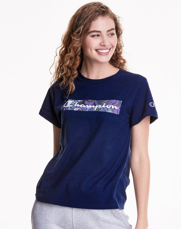 Champion Womens T-Shirt NZ - Classic Jersey Liquid Filled Block With Script Logo Navy ( 0328-KBZPR )